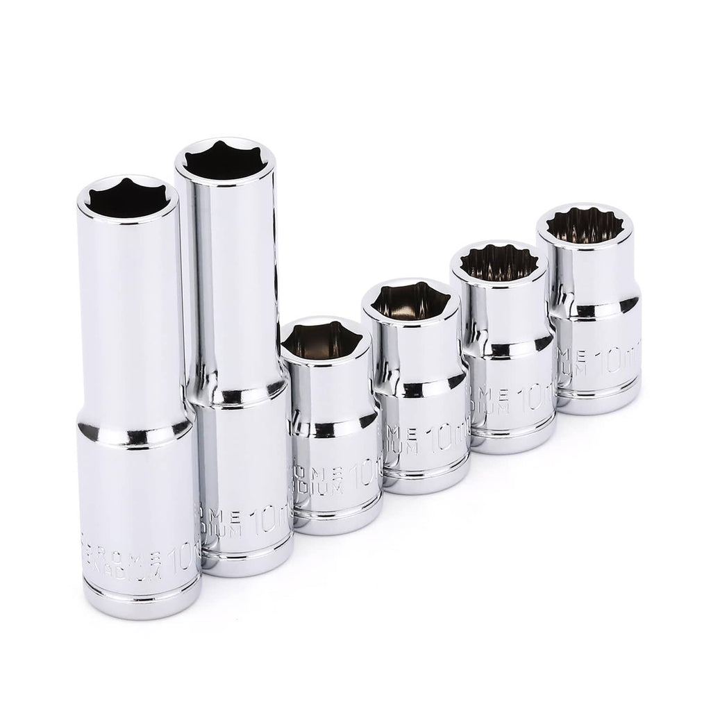 Chrome 3/8-inch drive impact socket set, multiple sockets with etched numbers, shiny finish