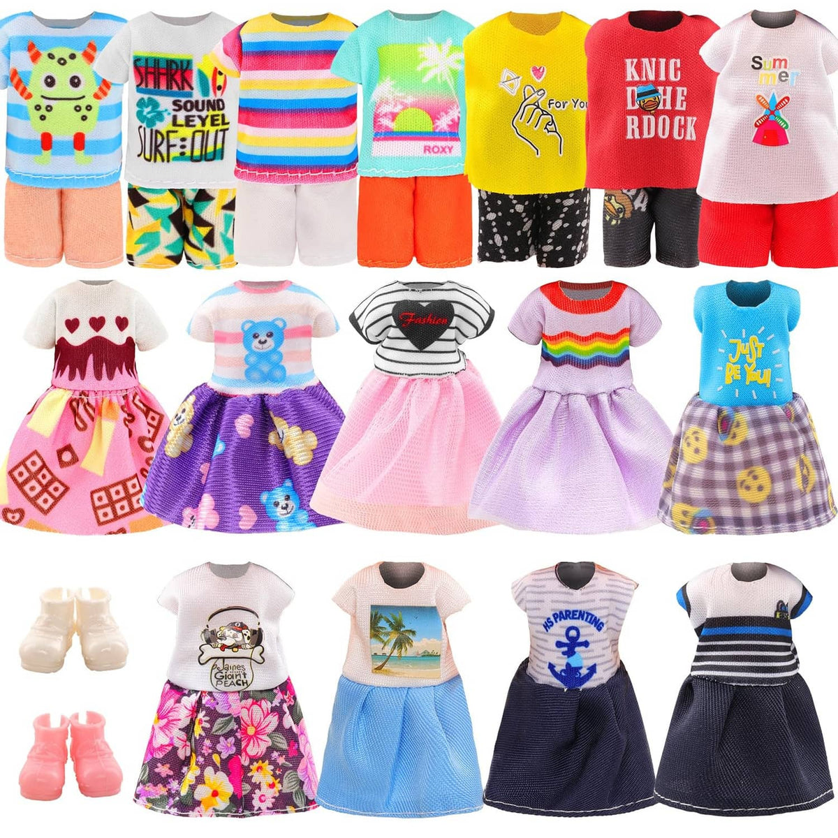 Mixed 6-inch girl doll dress and top outfits, including purple and striped prints