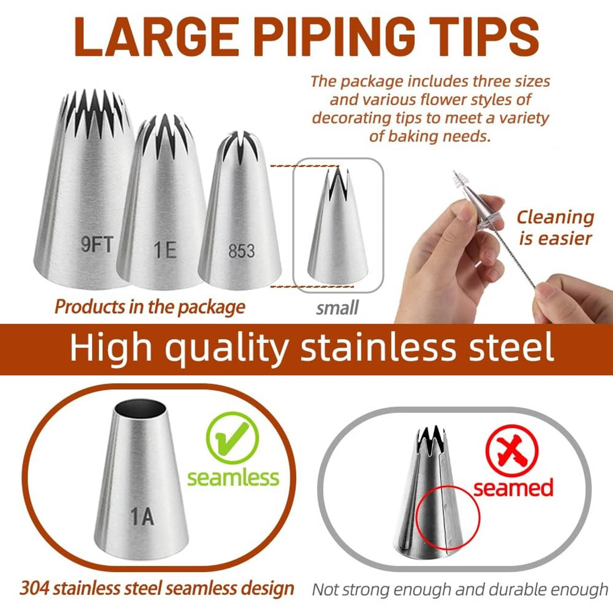 Large stainless steel piping tips set, seamless conical nozzles with a cleaning tool