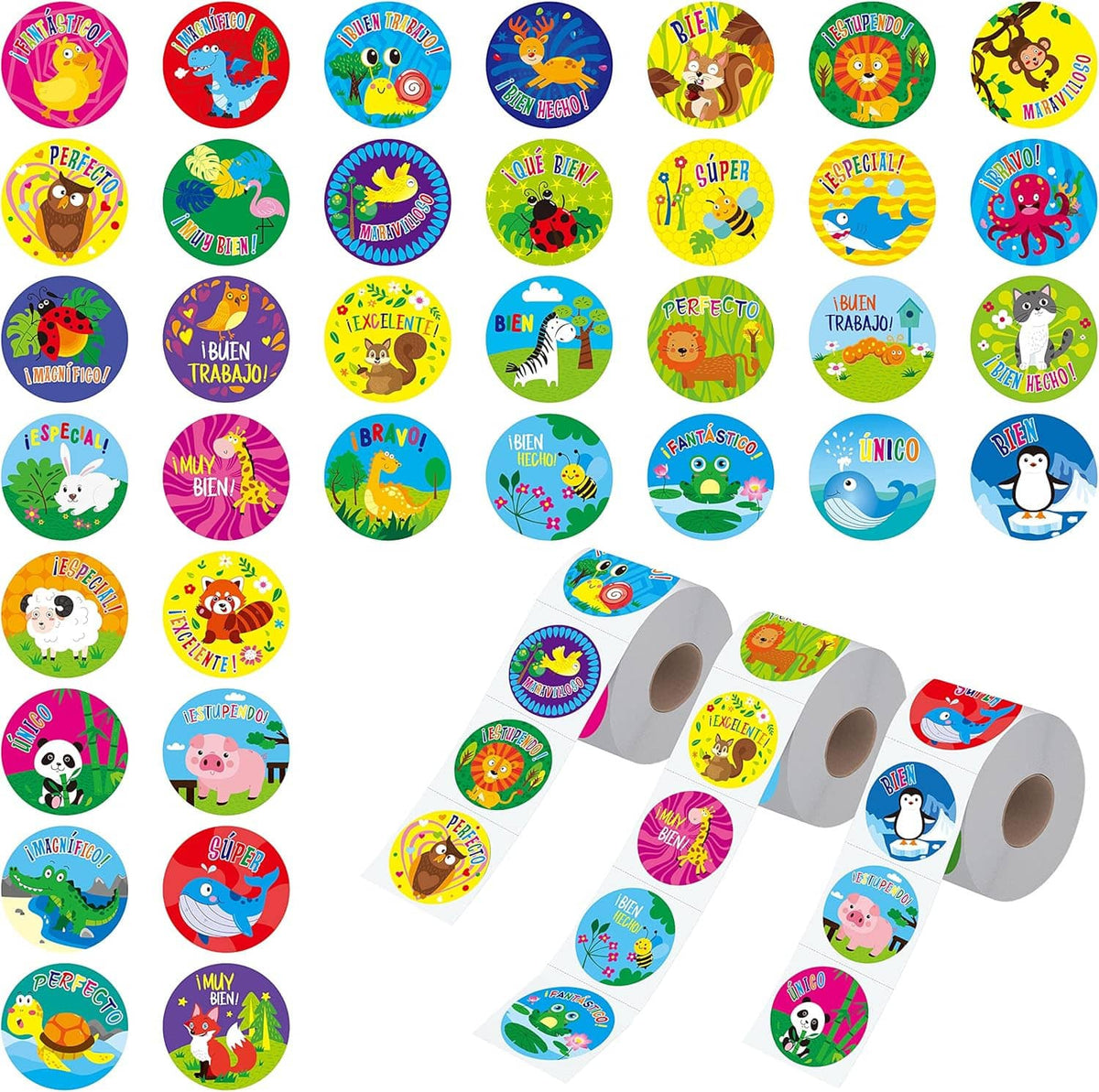 Assorted round Spanish teacher reward stickers on rolls with colorful animal and character designs