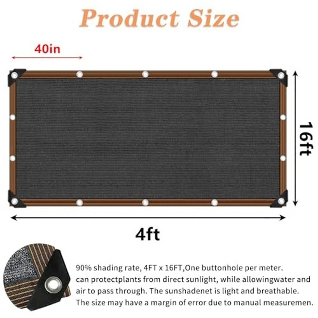 Rectangular black shade cloth tarp with brown border and grommets, 4 ft x 16 ft