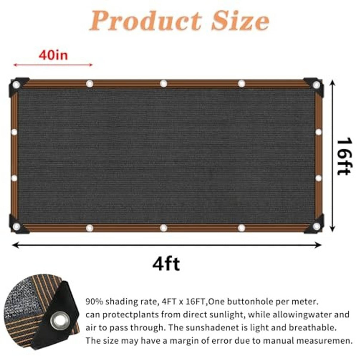 Rectangular black shade cloth tarp with brown border and grommets, 4 ft x 16 ft