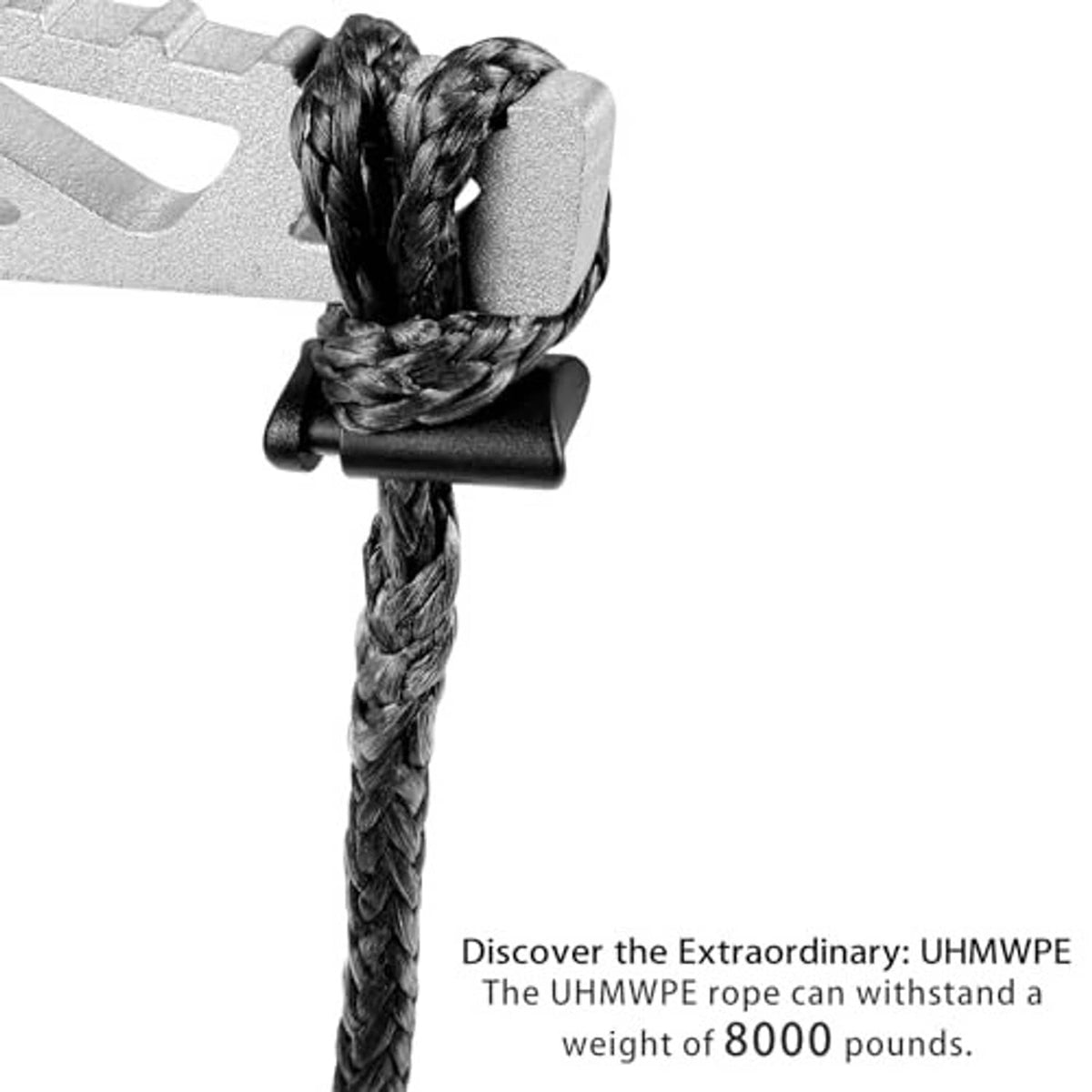 Braided black climbing rope with metal clamp detail on the single-step aider