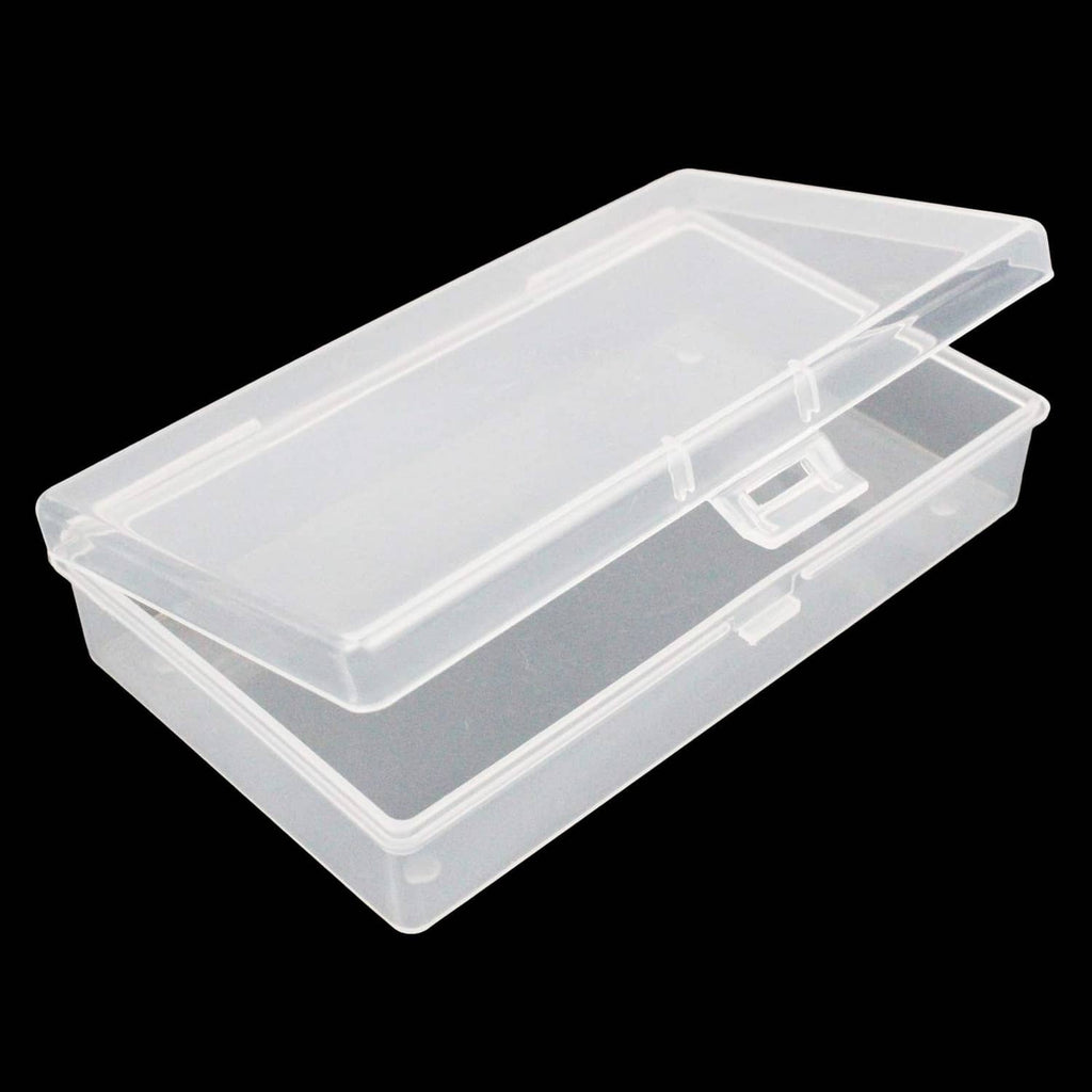 Clear rectangular plastic storage box with snap-lid latch, angled close-up