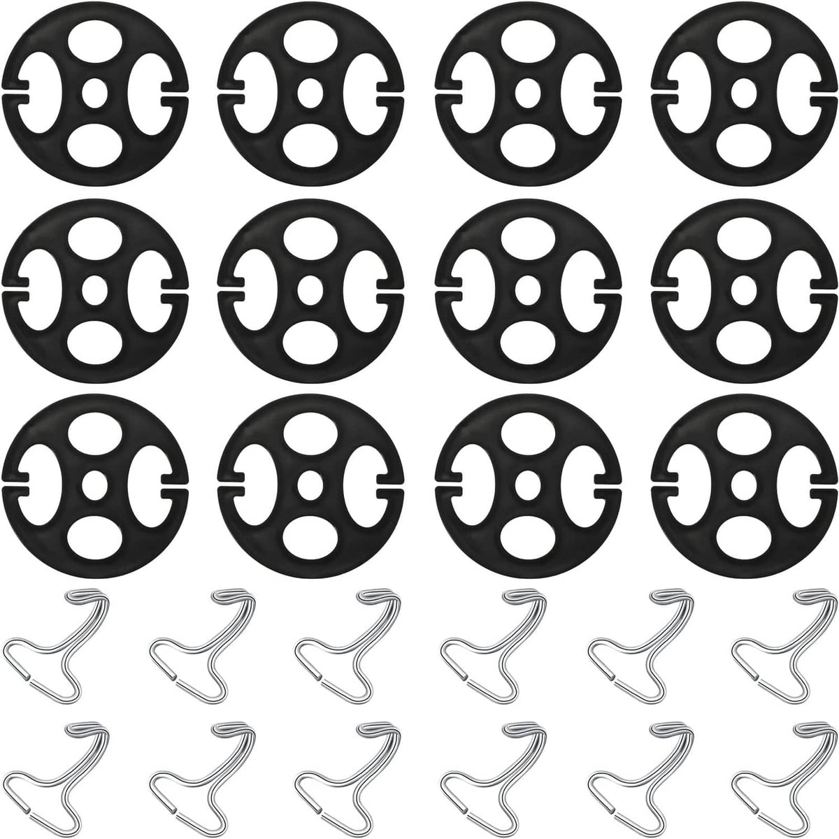 Black circular buckle plates with four openings and metal hook clips