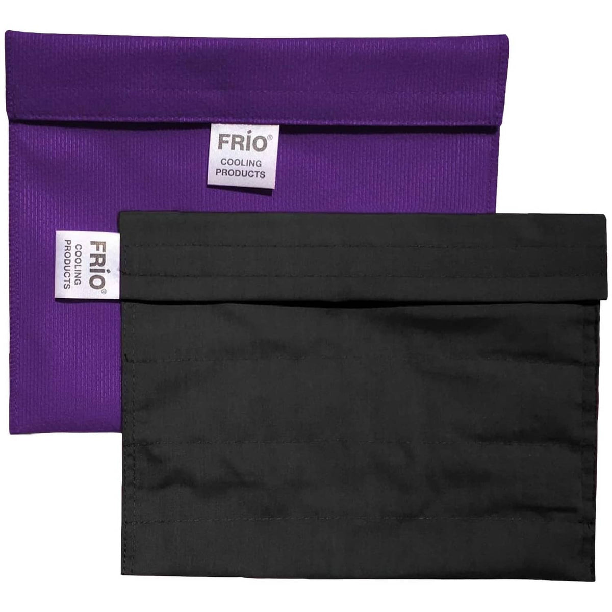 Purple and black cooling wallet with FRIO labels, open flat with fabric panels