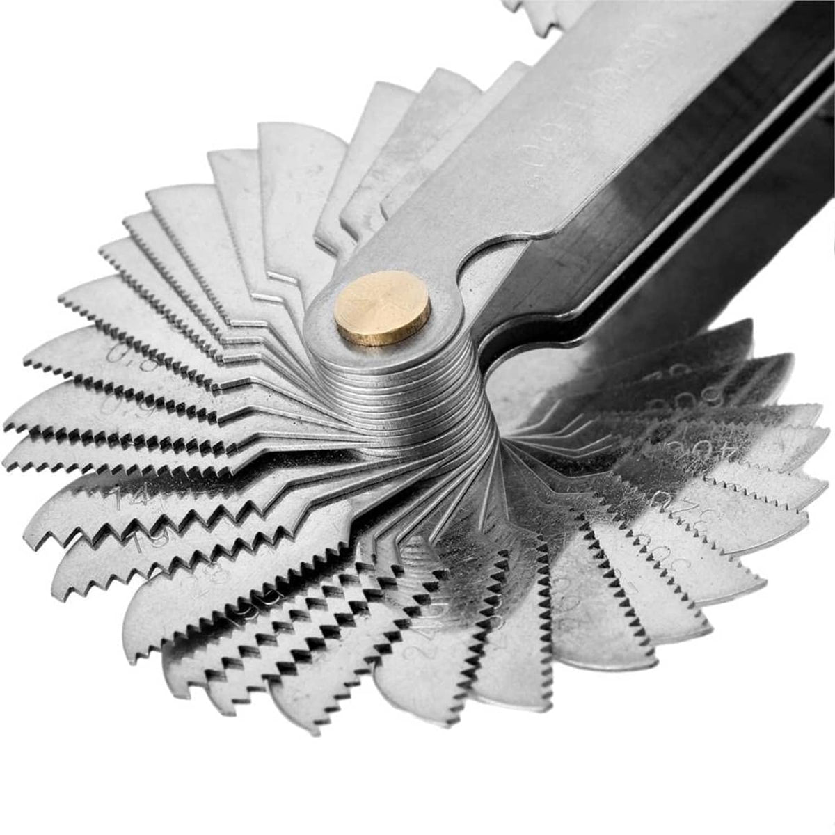 Stainless steel screw thread pitch gauge with serrated leaf blades and brass pivot knobs