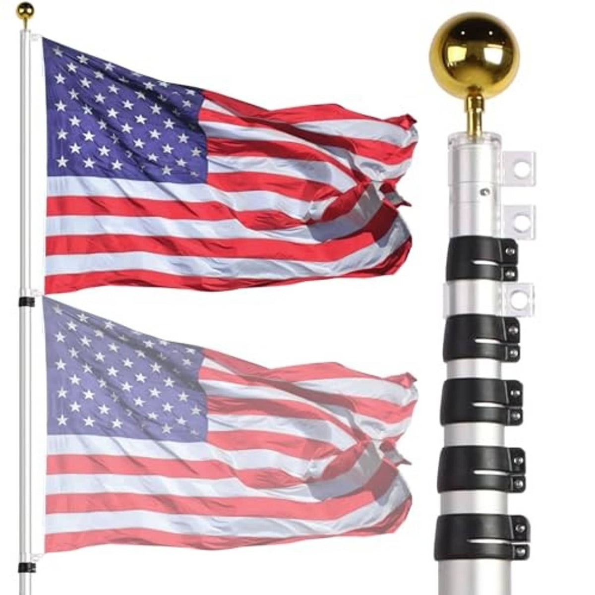 Silver telescopic flag pole with gold top and black bands, attached to U.S. flag