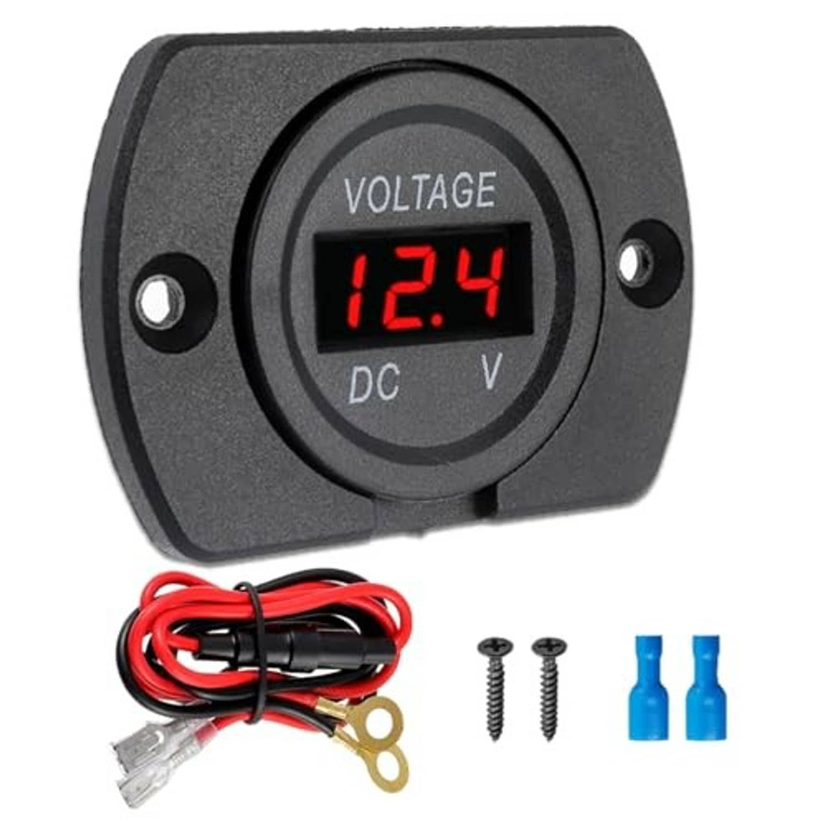 Black DC voltmeter with red LED 12.4V display and attached wiring leads, front view