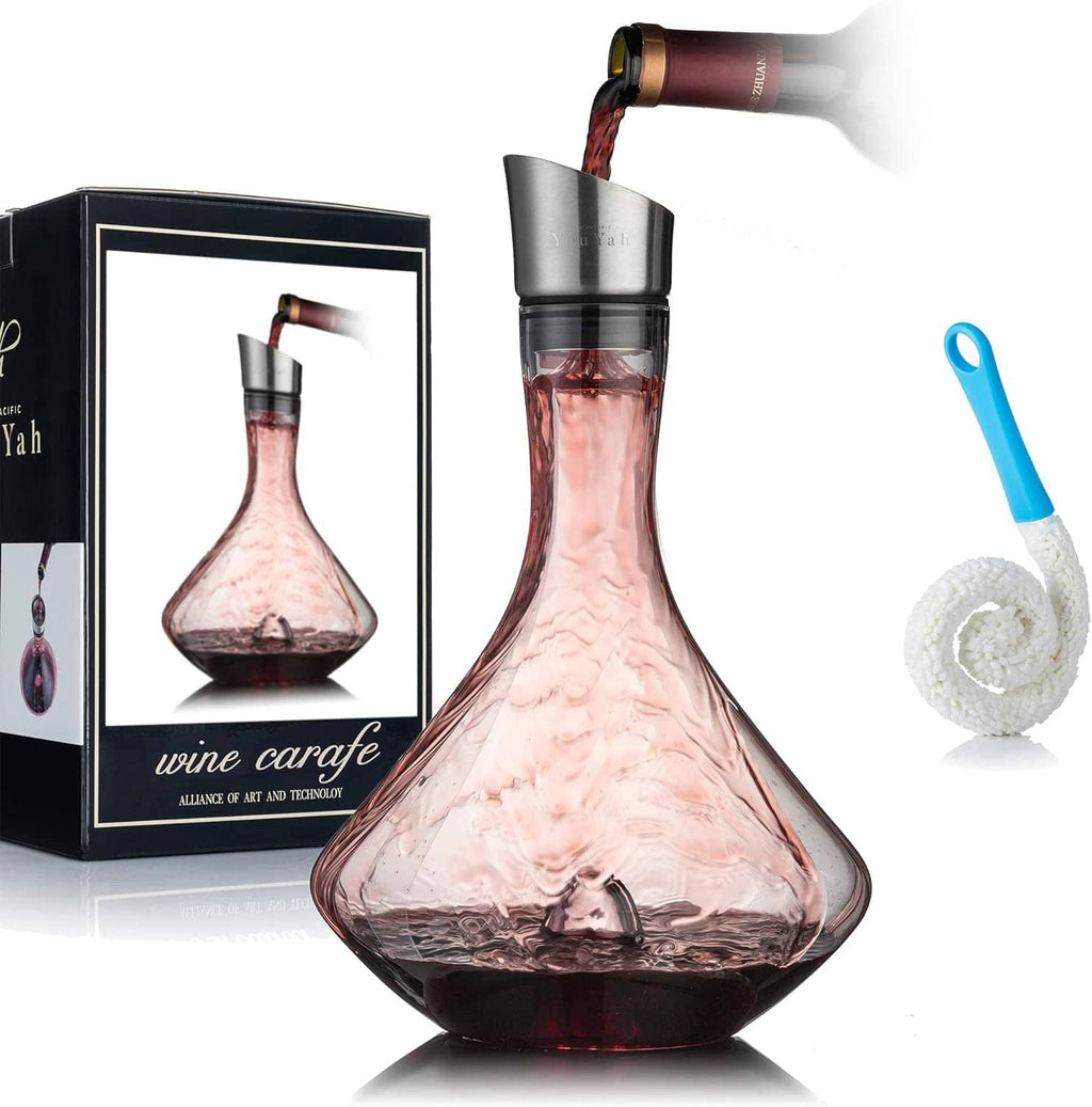 Red wine decanter carafe with built-in aerator, angled glass bottle shape