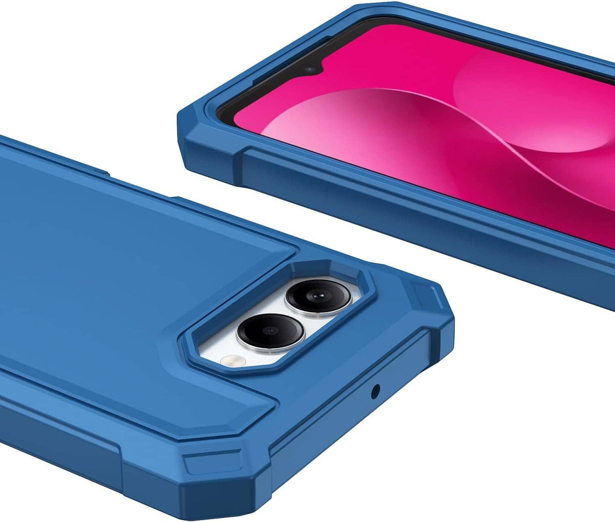 Blue rugged case with screen protector edge and camera cutout on back