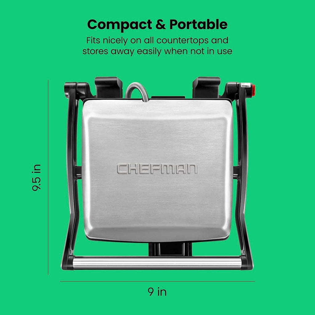 Compact portable panini press grill with CHEFMAN logo on brushed metal top