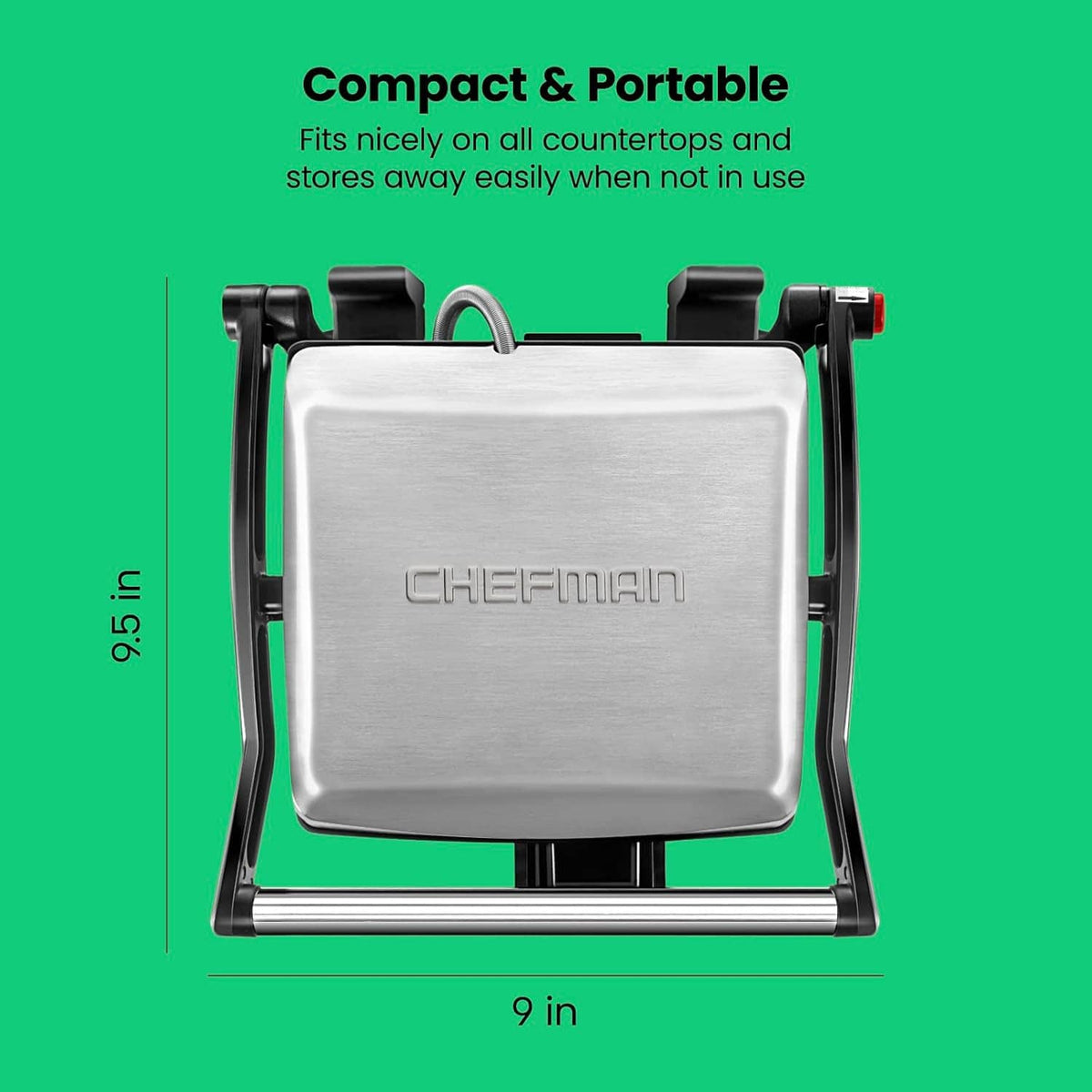 Compact portable panini press grill with CHEFMAN logo on brushed metal top