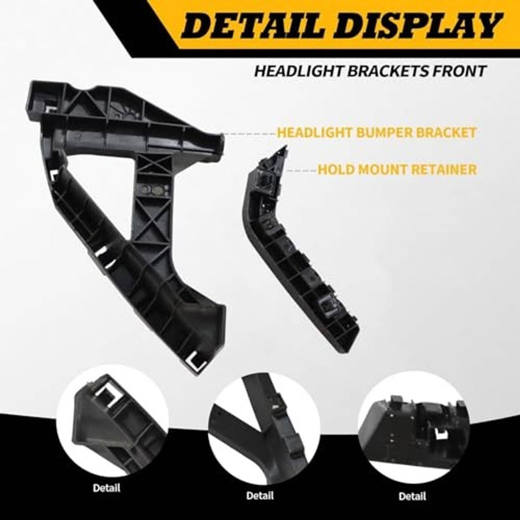 Black front headlight bumper bracket and hold-mount retainer with close-up details