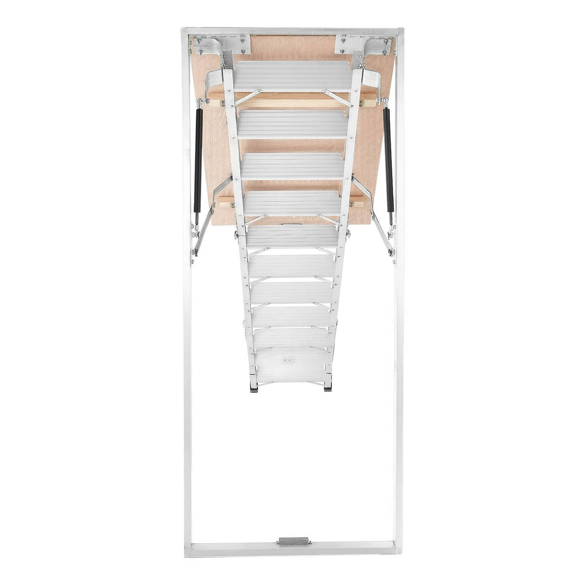 Aluminum folding attic ladder with steps and rectangular ceiling frame