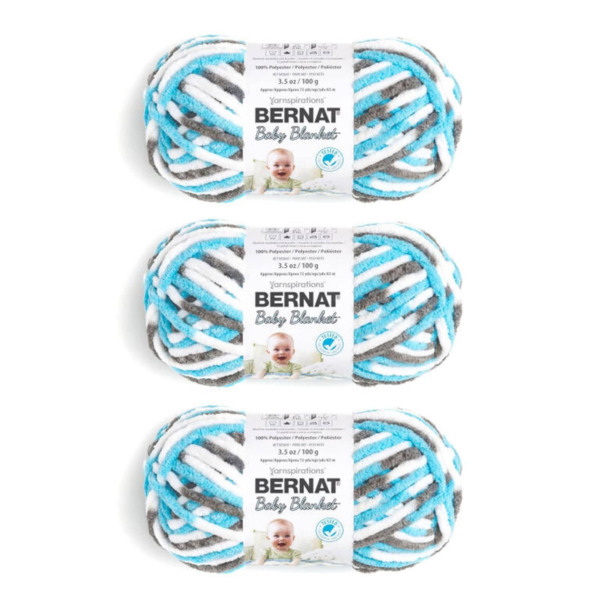 Bernat Baby Blanket chenille yarn pack: three skeins in light blue and white stripes