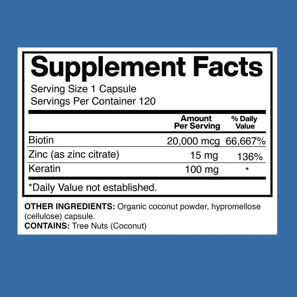 Biotin supplement facts panel listing biotin 20,000 mcg, zinc 15 mg, keratin 100 mg