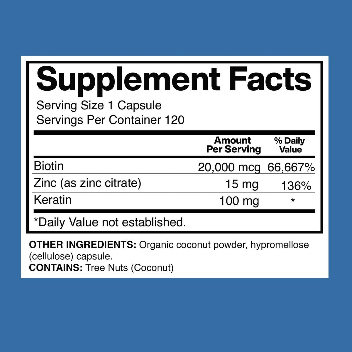 Biotin supplement facts panel listing biotin 20,000 mcg, zinc 15 mg, keratin 100 mg