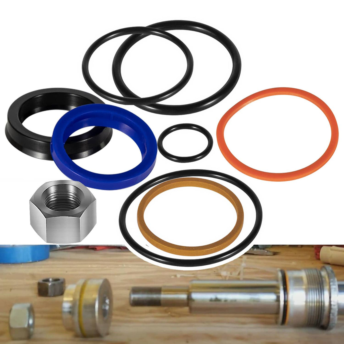 Hydraulic lift cylinder seal kit with colored O-rings and hex nut