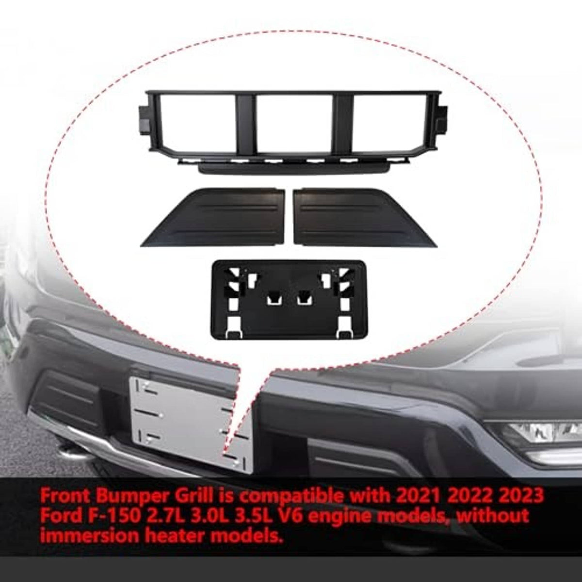 Front bumper grille kit components: black grille frame, guard pads, license plate bracket