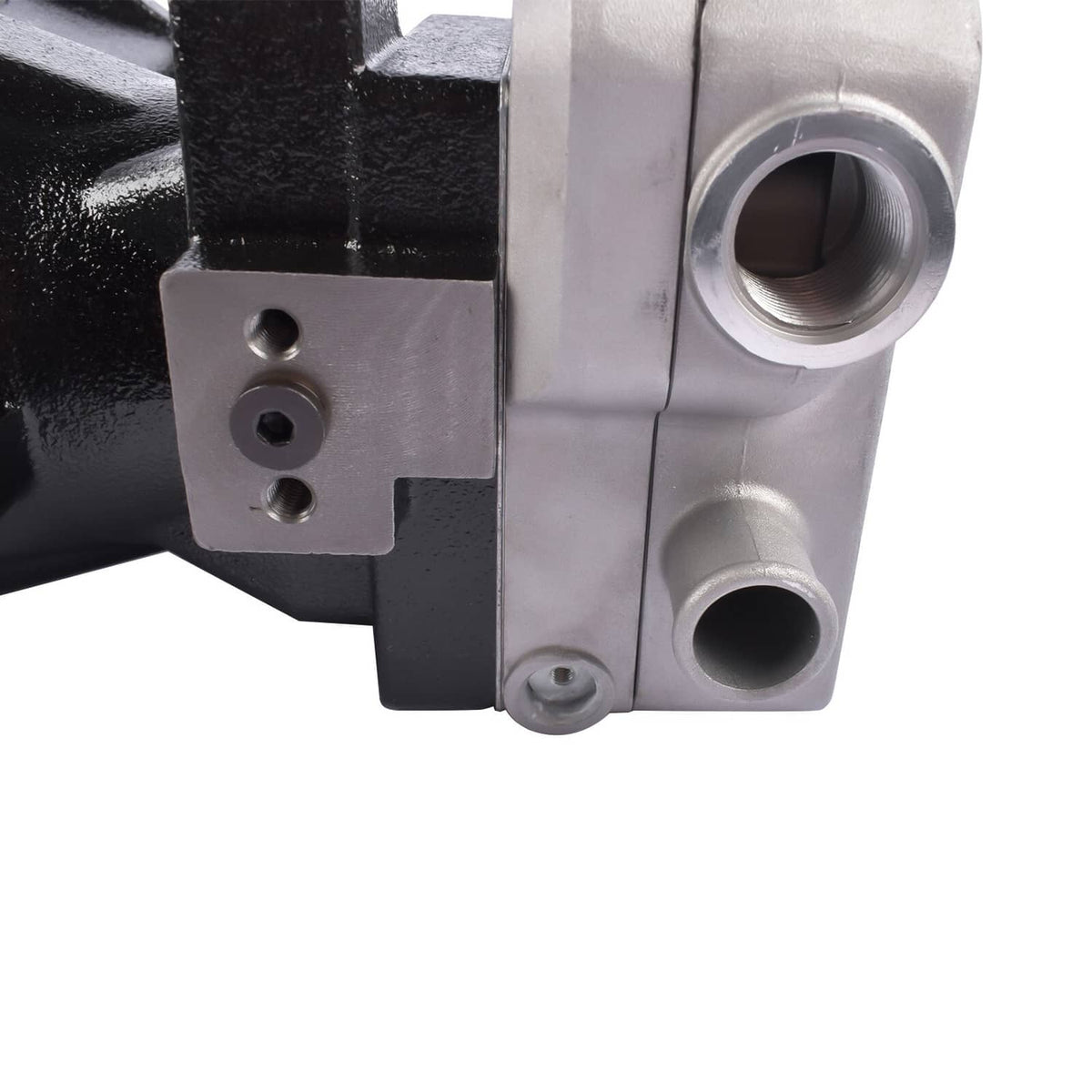 Air compressor connector area with threaded port and two mounting tabs