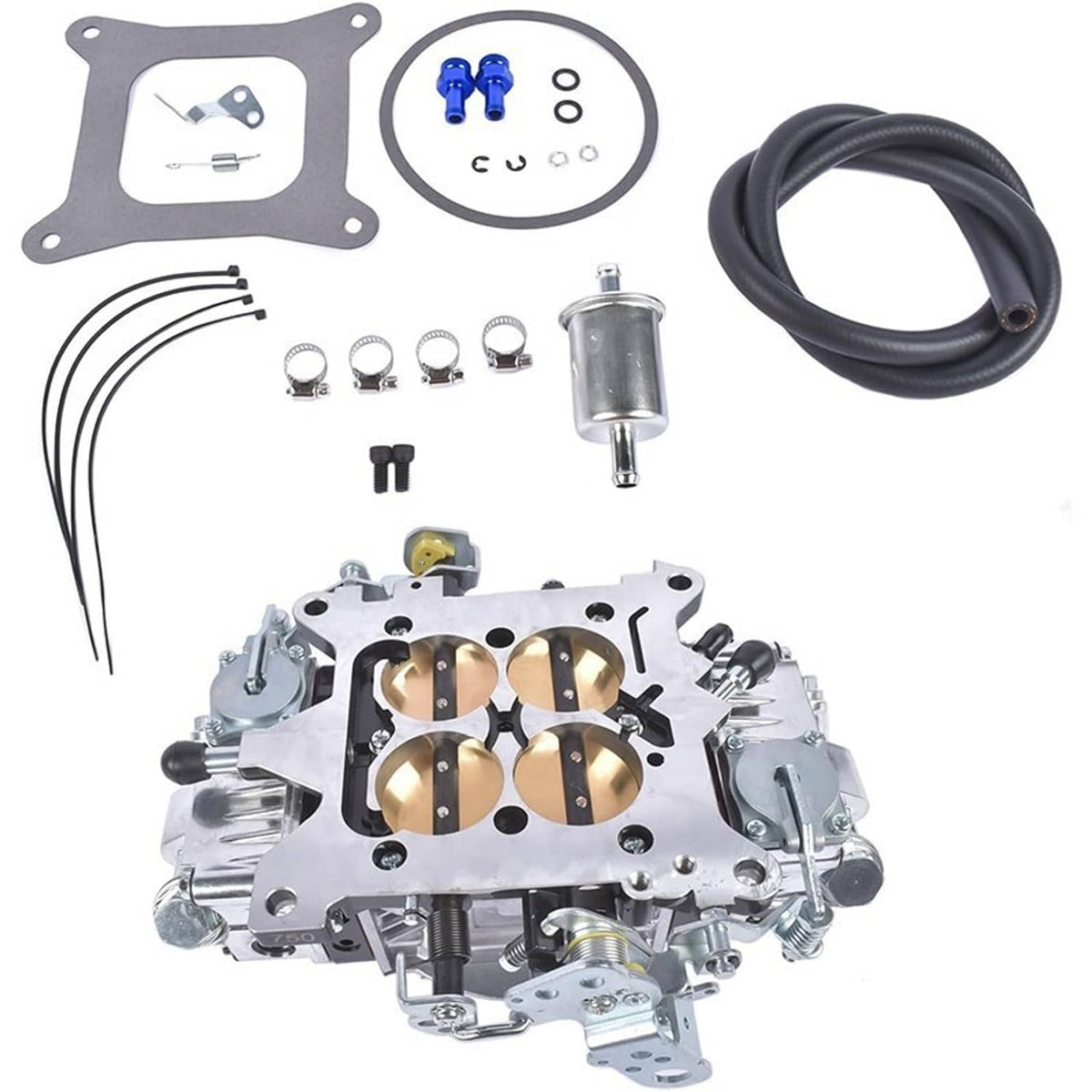 Billet aluminum 4-barrel double pumper race carburetor kit with hoses, fittings, and gaskets