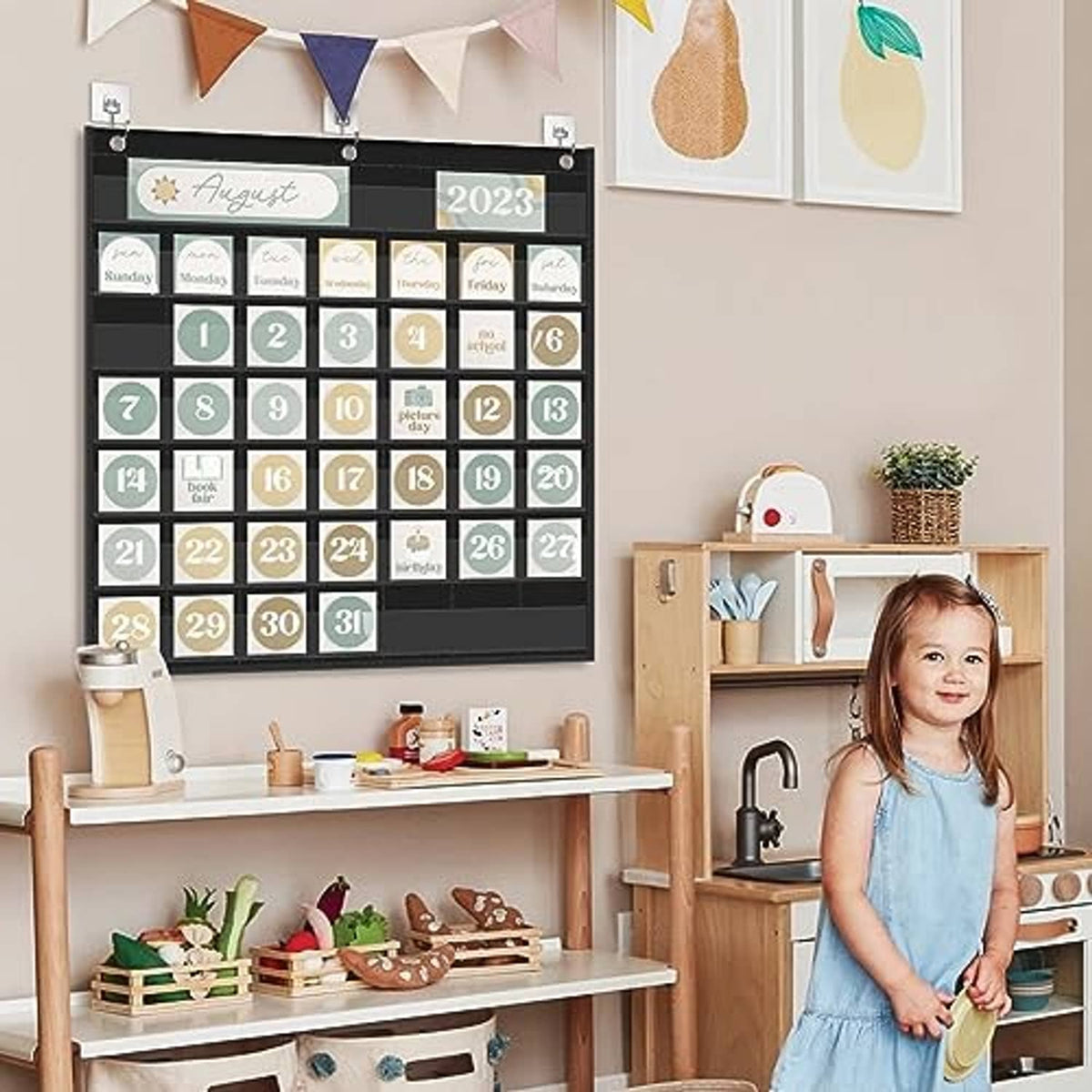 Black pocket calendar chart displaying August 2023 with color date tiles