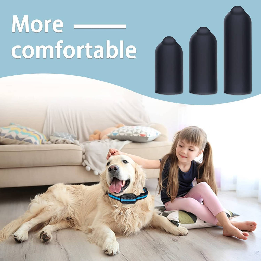 Dog wearing black training collar beside child, with black rubber tips highlighted