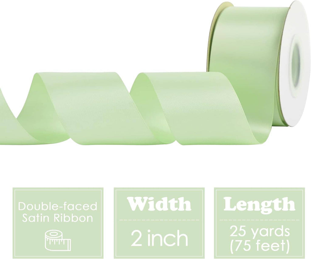 Seafoam green double-faced satin ribbon roll, 2-inch wide with neatly wound loops.