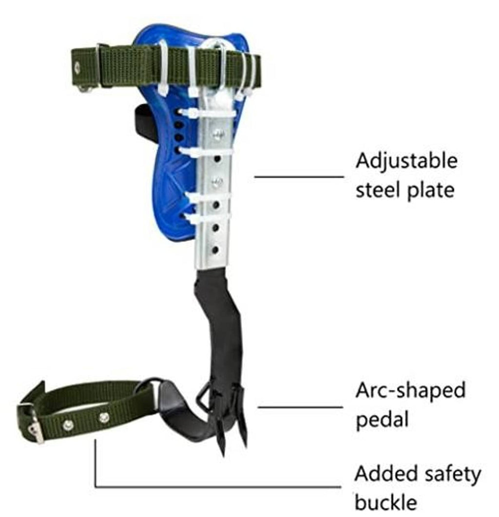 Adjustable tree climbing spikes harness belt with arc-shaped pedals and added safety buckle