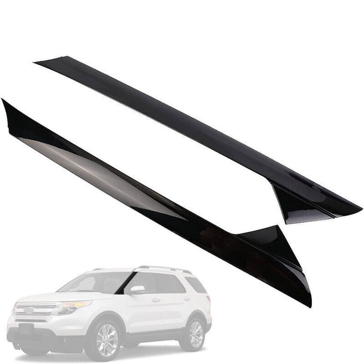 Black windshield pillar trim molding pair, front side placement view