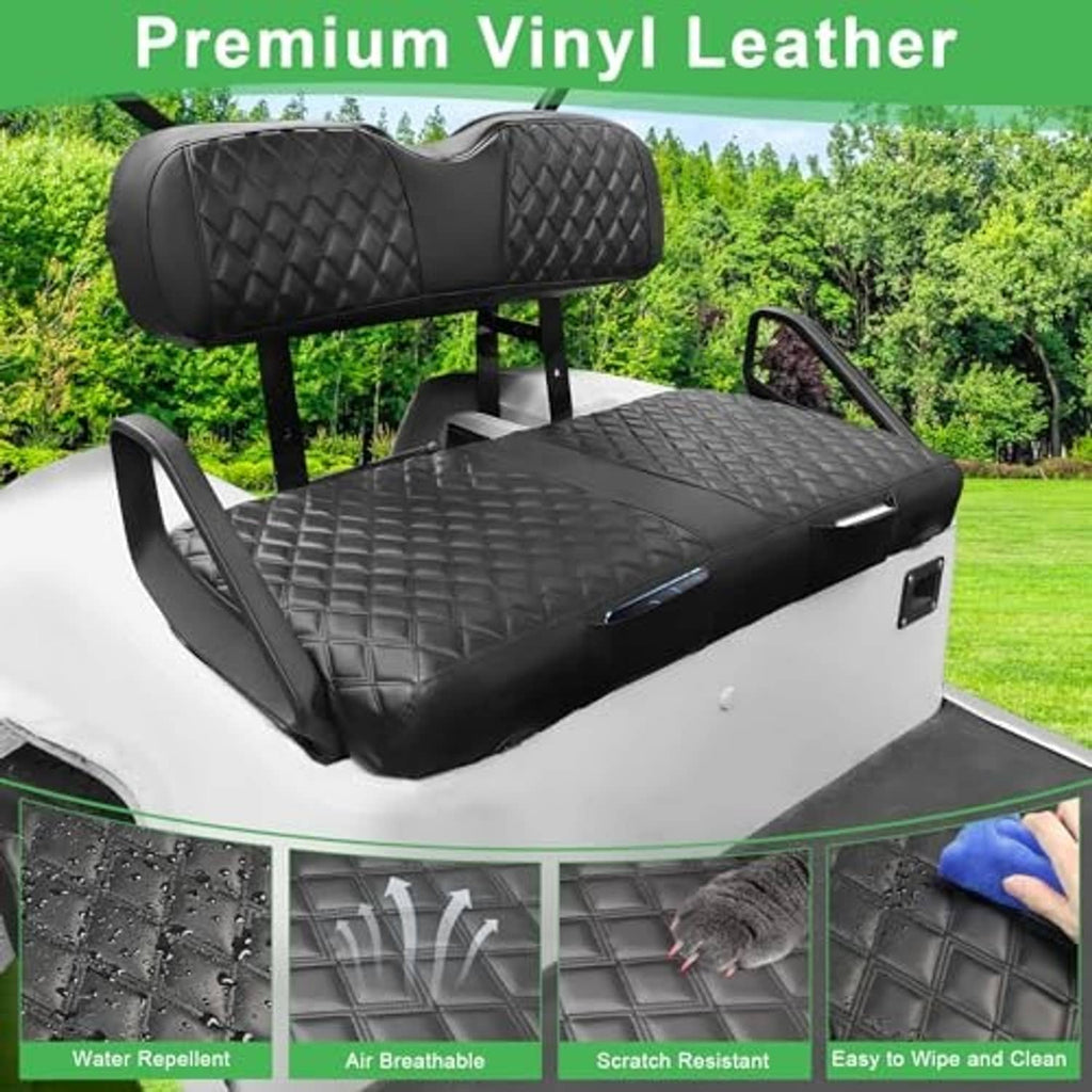 Black diamond-quilted vinyl seat cover set with contoured backrest and padded seat top