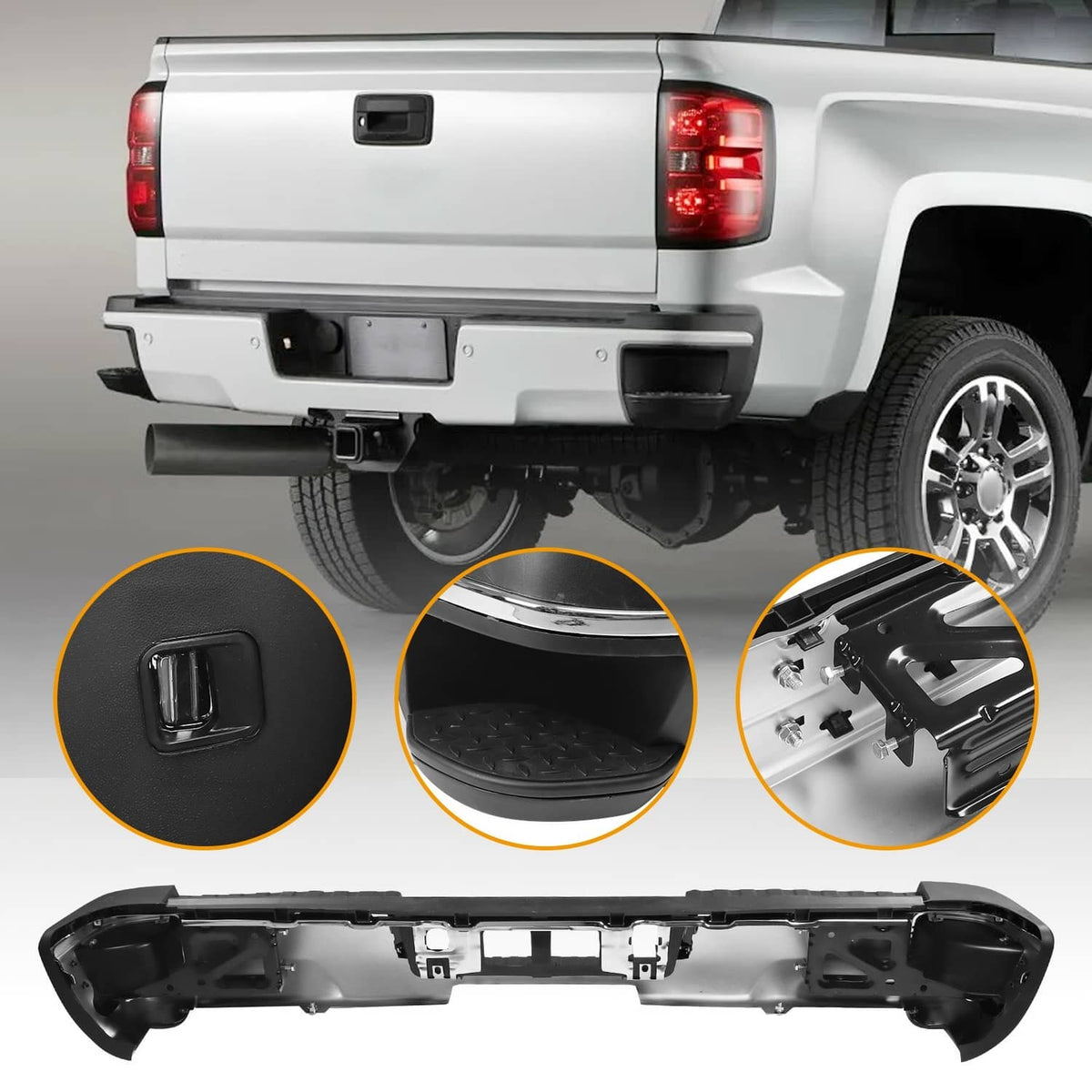 Chrome rear step bumper assembly installed view with tow plug and spare hitch opening