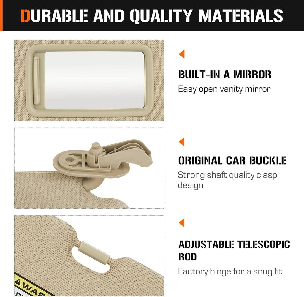 Beige sun visor with built-in mirror window, adjustable rod, and hinge clasp detail