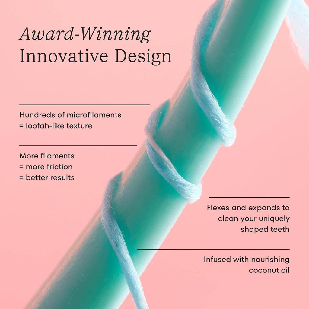 Expanding teal woven dental floss strand that flexes to clean tooth surfaces.