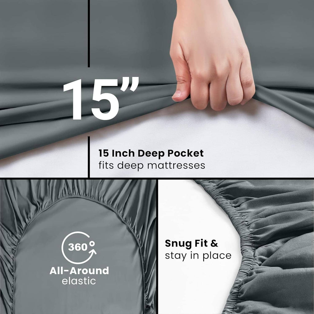 Dark gray fitted sheet with 15-inch deep pocket and all-around elastic