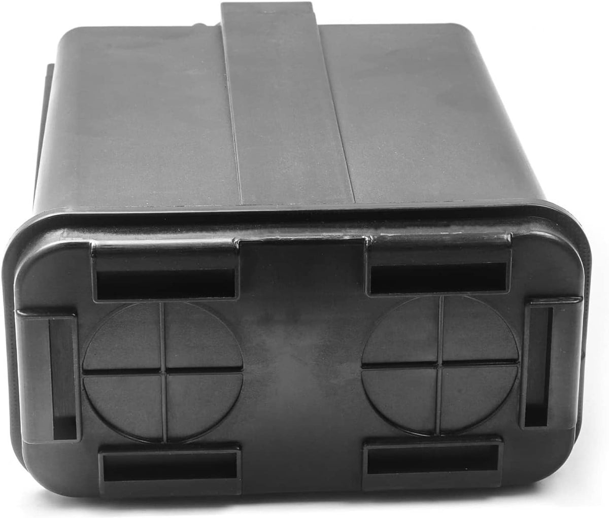 Charcoal fuel vapor canister front face with molded latch frame, dark plastic