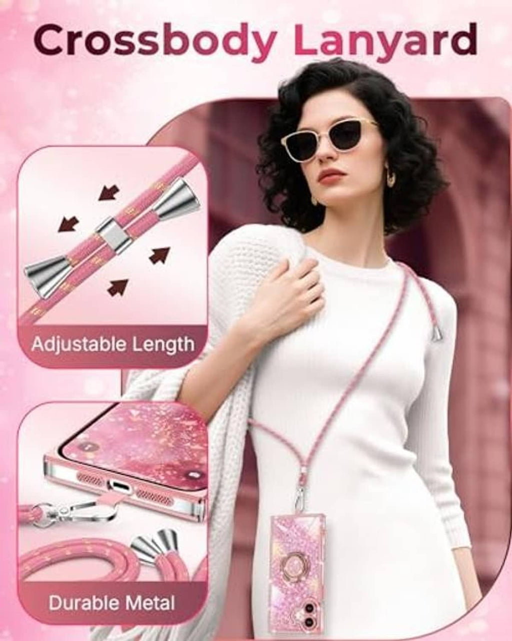 Pink glitter crossbody phone case with adjustable lanyard and heart ring holder