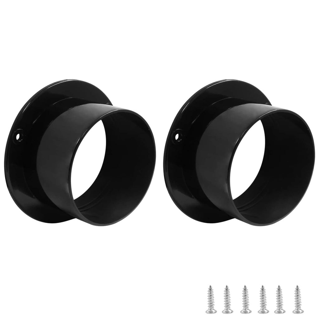 Two black ABS duct connectors with flanged openings and screw holes