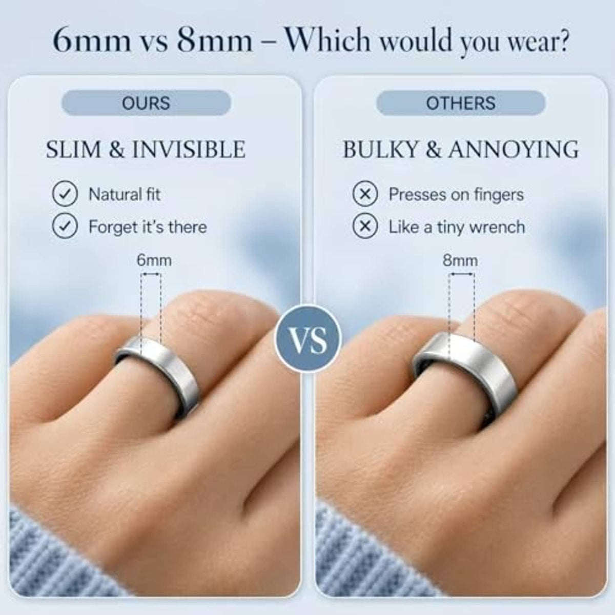 Silver-tone smart fitness rings on fingers, slim profile design comparison