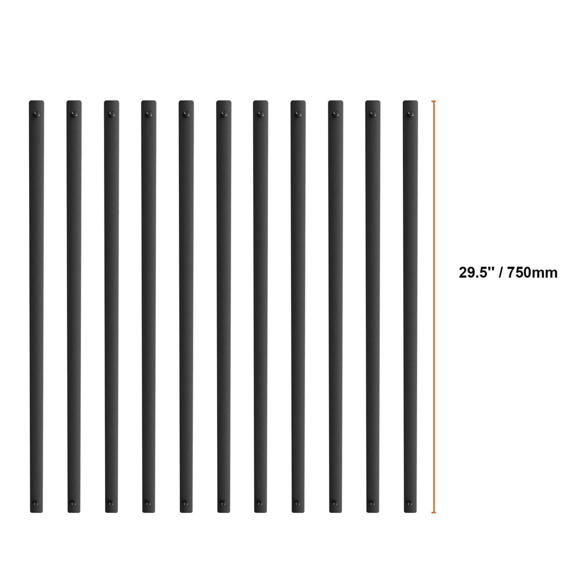 Matte black aluminum deck balusters lineup, 29.5 in length shown