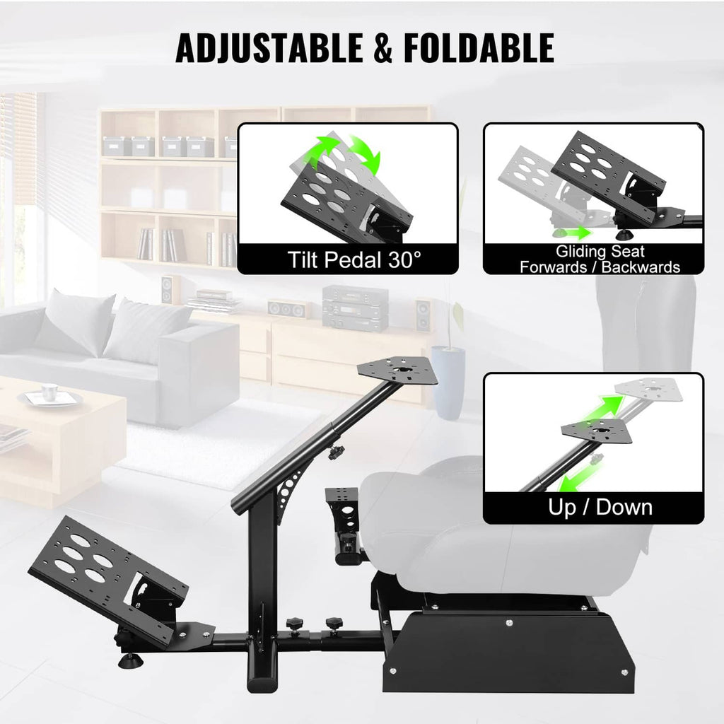 Adjustable foldable racing simulator wheel stand with tilt pedal platform and rear supports