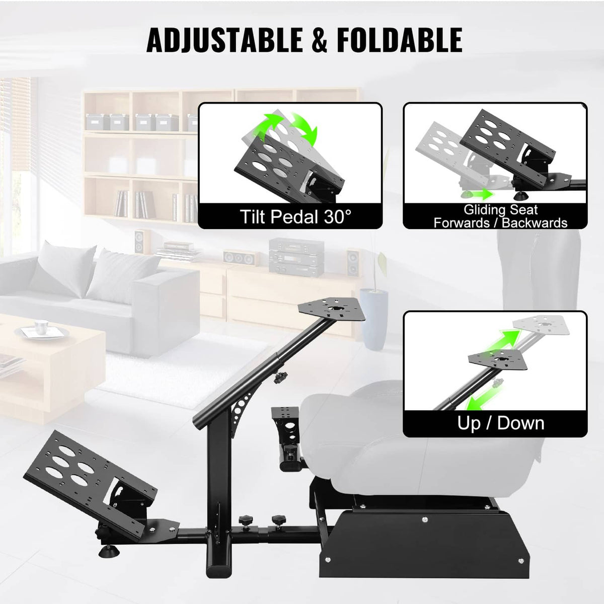 Adjustable foldable racing simulator wheel stand with tilt pedal platform and rear supports