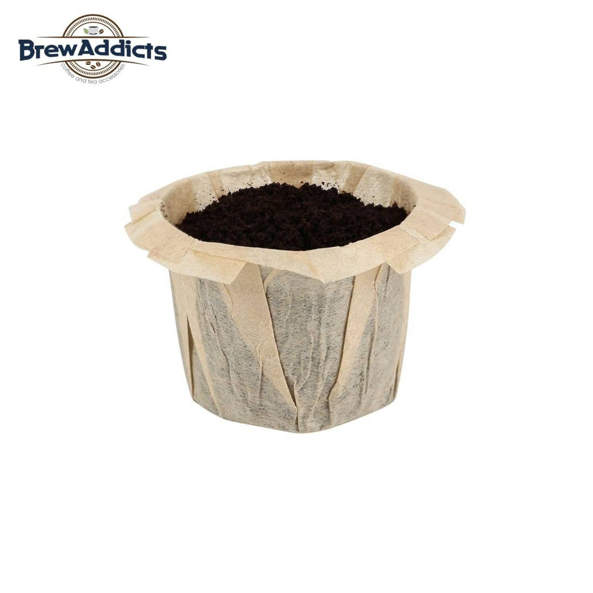 Single brown unbleached paper coffee filter cup filled with dark grounds