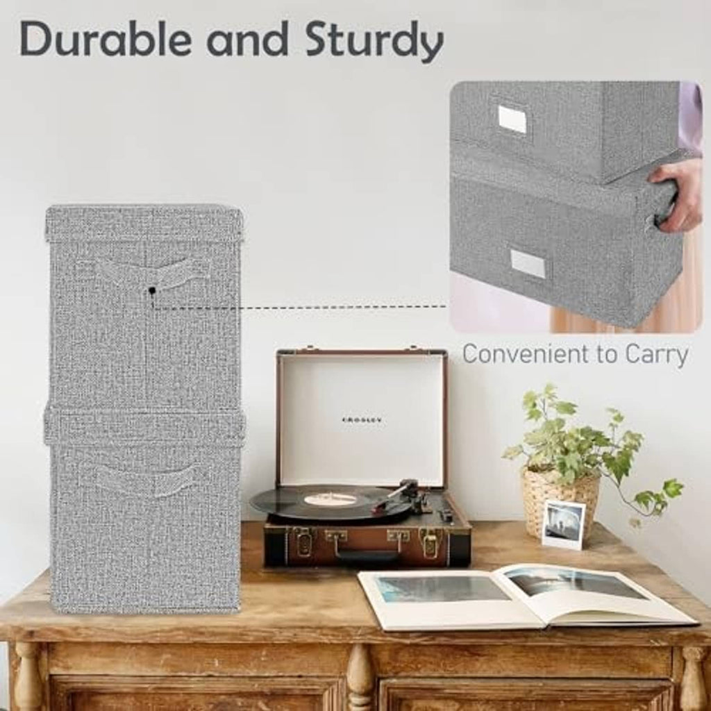 Grey foldable vinyl record storage boxes with adjustable divider partition
