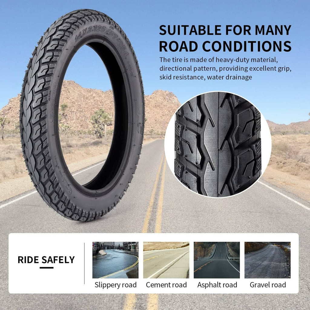 Black tire with deep off-road tread blocks for improved grip on road surfaces.