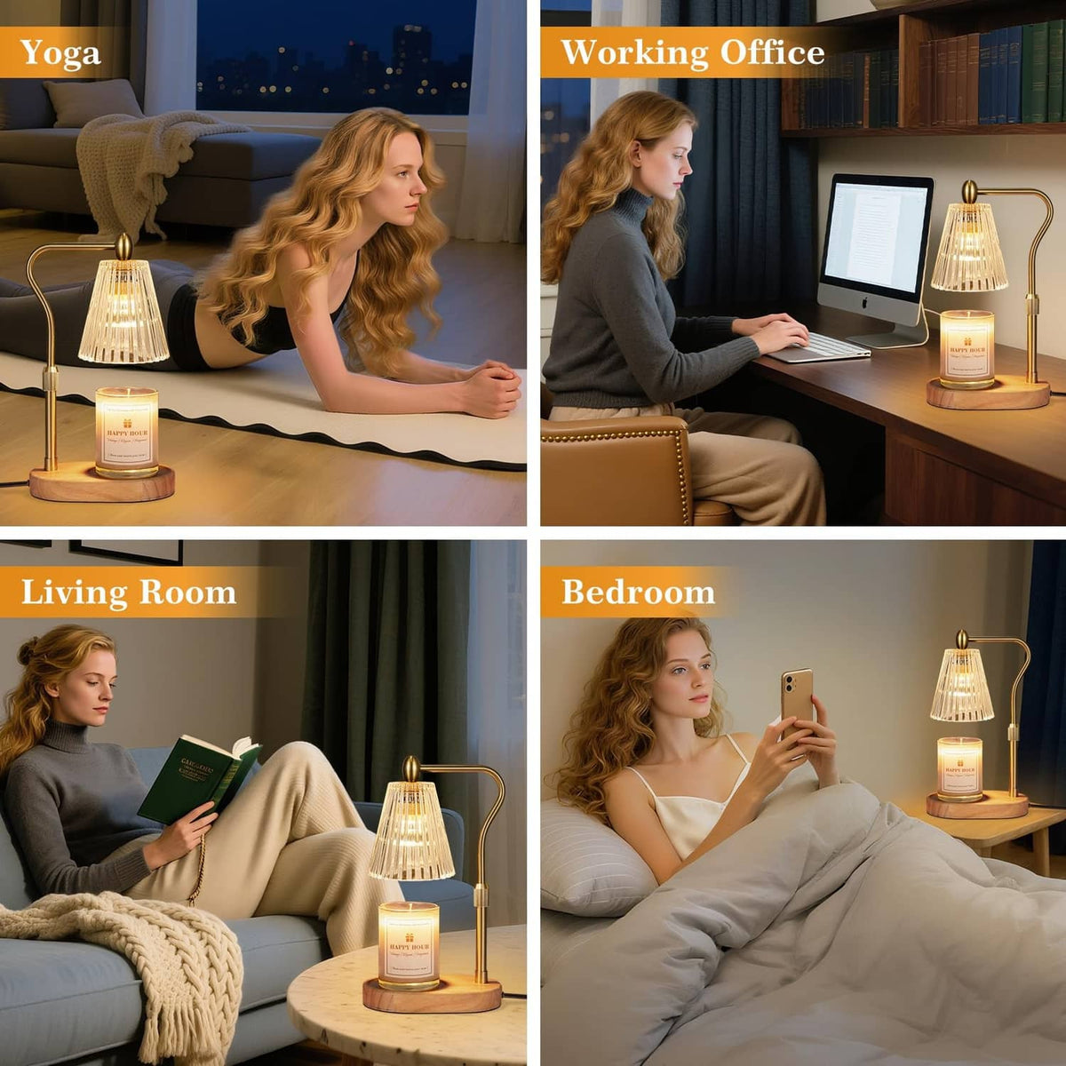 Candle warmer lamp on desk and sofa with lit jar candle for bedside or workspace