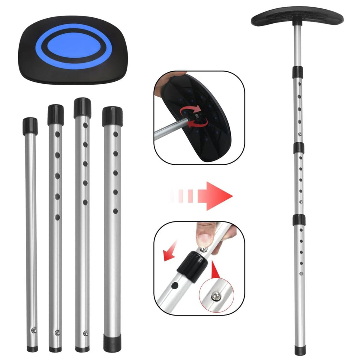 Golf umbrella club support system with blue cover, four telescoping sections, locking caps