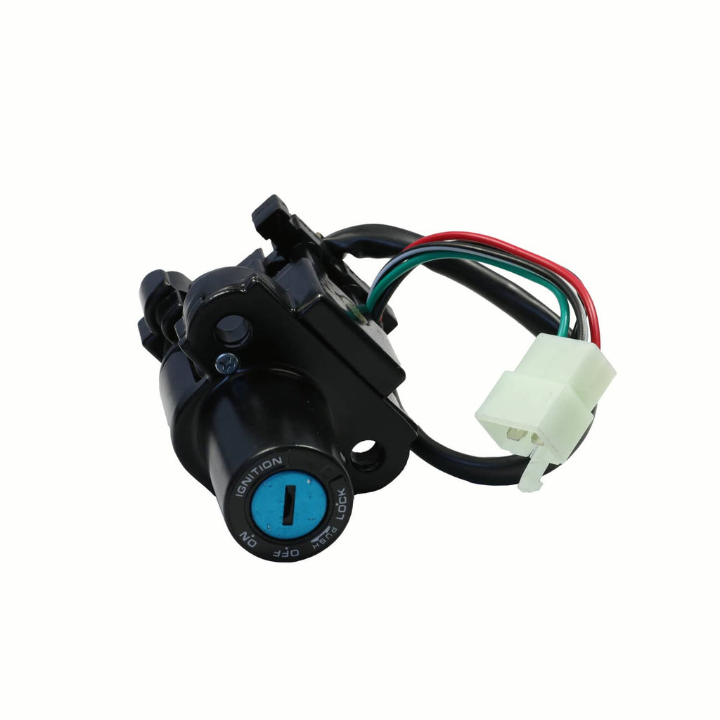 Black ignition switch with wiring harness and white connector plug