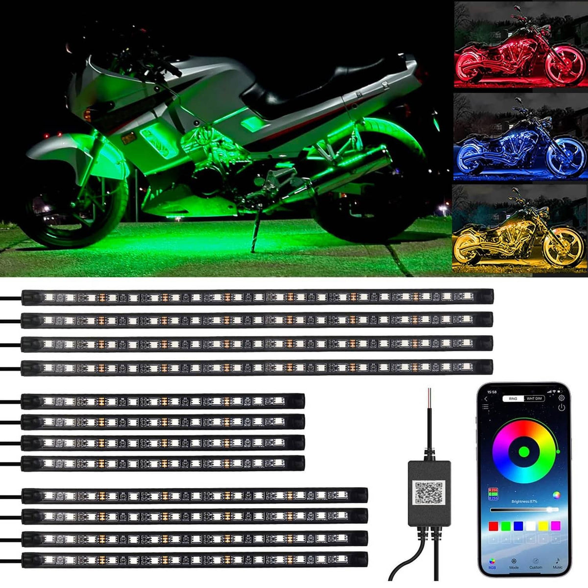 Multicolor motorcycle LED underglow kit with multiple light bars and app controller